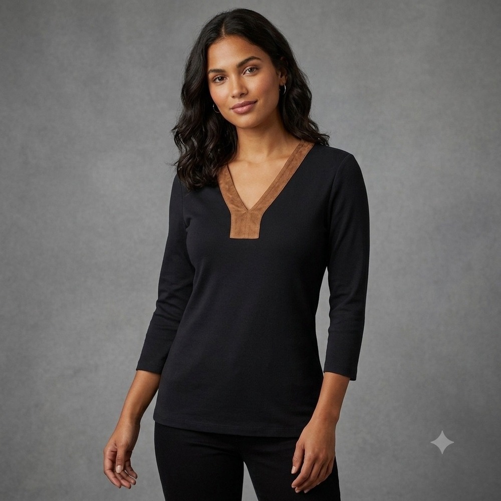 Lauren Ralph Lauren Womens Size Medium Black Cotton V-Neck Top Faux Suede Trim